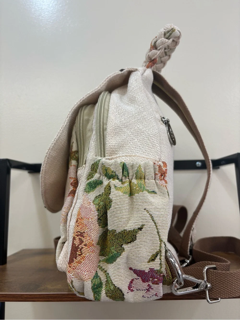 Canvas Floral Backpack with Green Leaf and Berry, vintage Floral